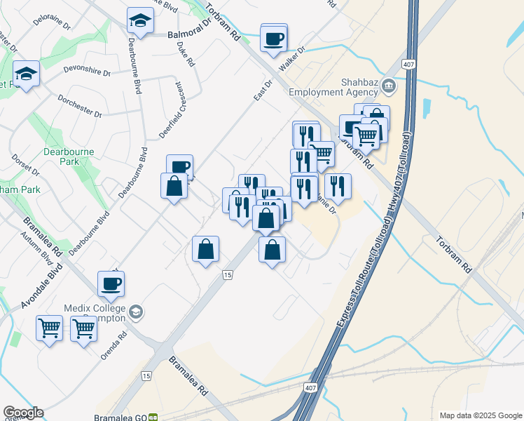 map of restaurants, bars, coffee shops, grocery stores, and more near 2084 Steeles Avenue East in Brampton