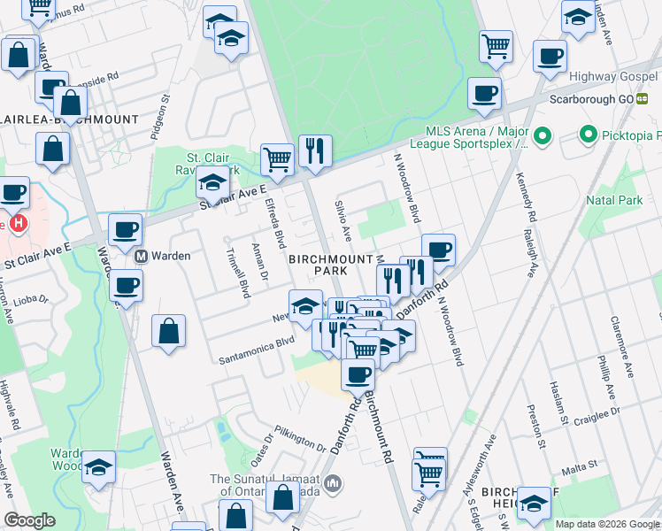 map of restaurants, bars, coffee shops, grocery stores, and more near 550 Birchmount Road in Toronto
