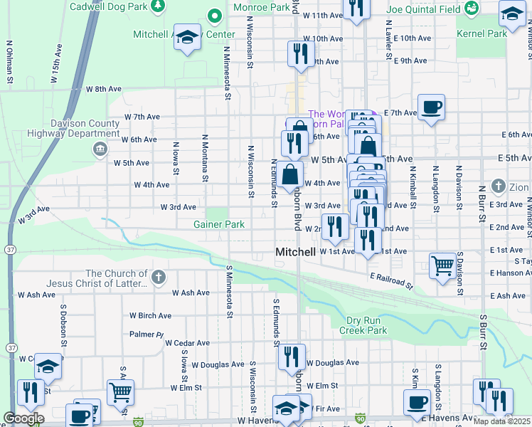 map of restaurants, bars, coffee shops, grocery stores, and more near 422 West 3rd Avenue in Mitchell