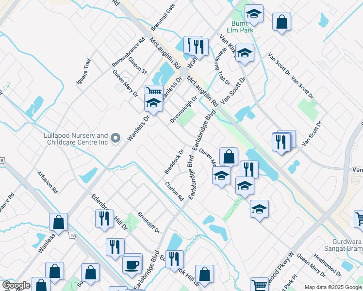 map of restaurants, bars, coffee shops, grocery stores, and more near 346 Queen Mary Drive in Brampton