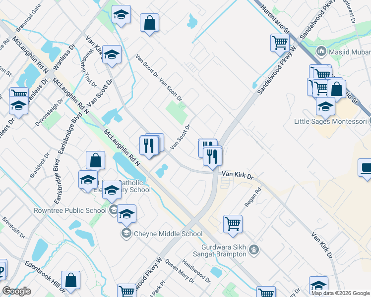 map of restaurants, bars, coffee shops, grocery stores, and more near 13 Twin Pines Crescent in Brampton