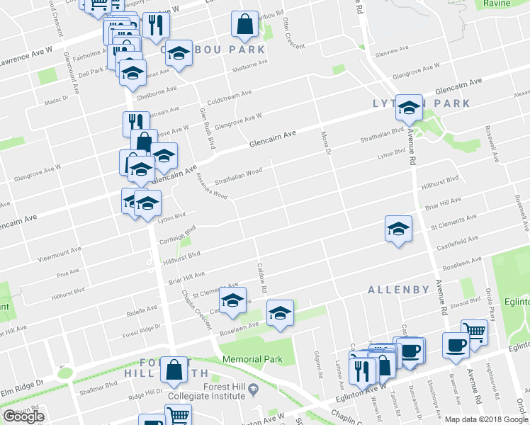 map of restaurants, bars, coffee shops, grocery stores, and more near 327 Cortleigh Boulevard in Toronto