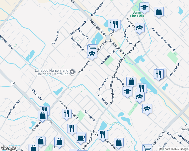 map of restaurants, bars, coffee shops, grocery stores, and more near 23 Atira Avenue in Brampton