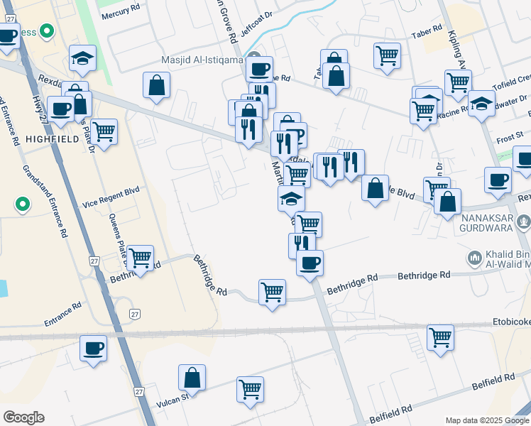 map of restaurants, bars, coffee shops, grocery stores, and more near 1330 Martin Grove Road in Toronto