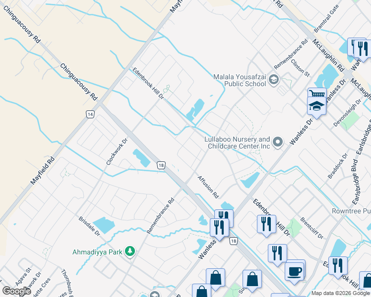 map of restaurants, bars, coffee shops, grocery stores, and more near 74 Callandar Road in Brampton