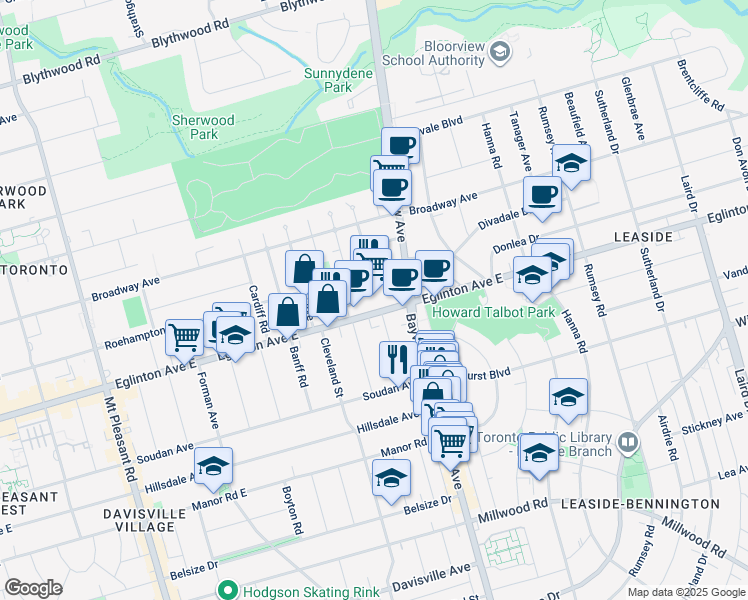 map of restaurants, bars, coffee shops, grocery stores, and more near 656 Eglinton Avenue East in Toronto