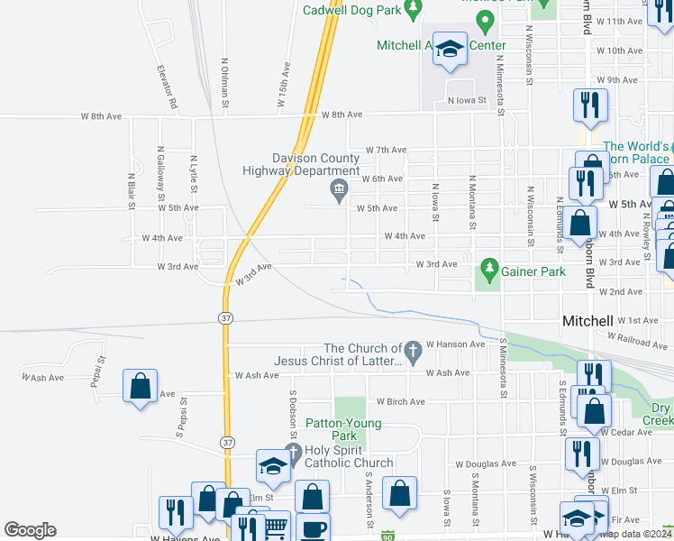 map of restaurants, bars, coffee shops, grocery stores, and more near 1207 West 3rd Avenue in Mitchell