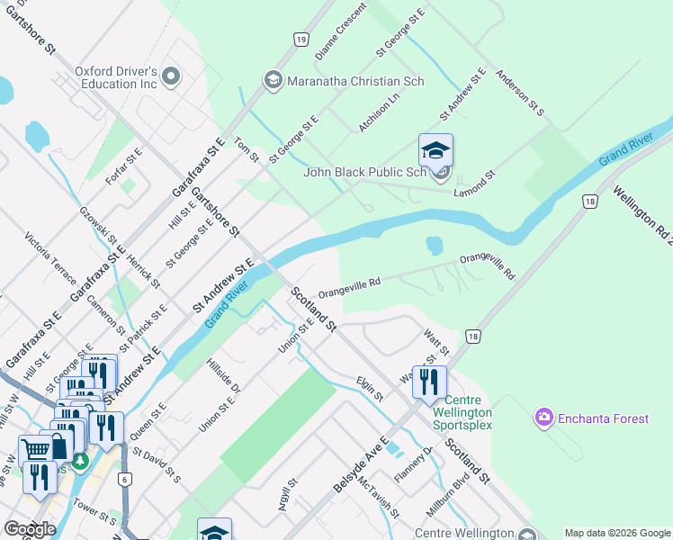 map of restaurants, bars, coffee shops, grocery stores, and more near 583 Orangeville Road in Fergus
