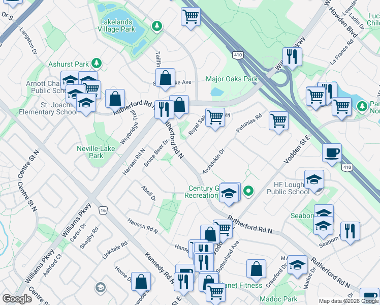 map of restaurants, bars, coffee shops, grocery stores, and more near 28 Royal Salisbury Way in Brampton