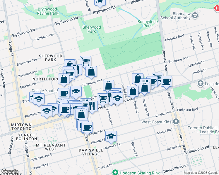 map of restaurants, bars, coffee shops, grocery stores, and more near 51 Fairfield Road in Toronto