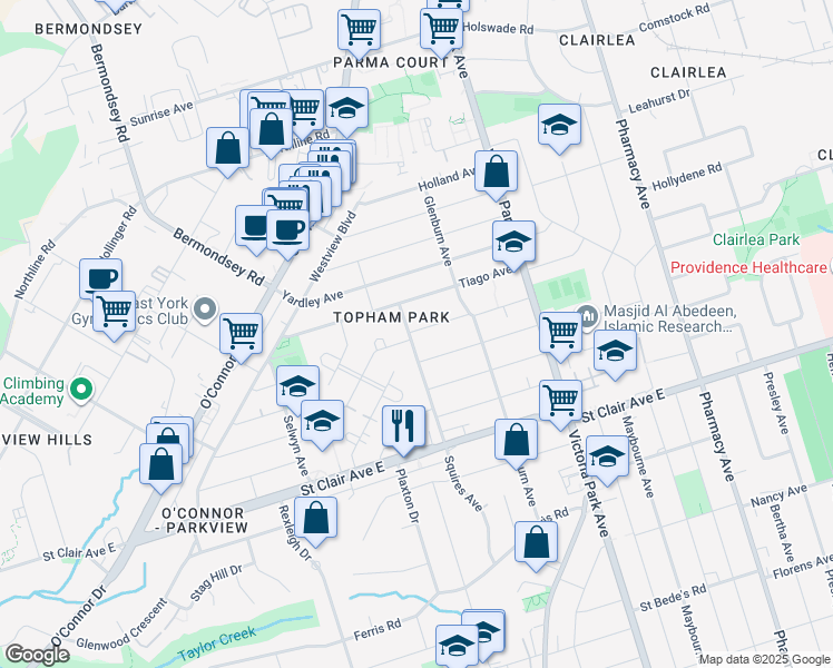 map of restaurants, bars, coffee shops, grocery stores, and more near in Toronto