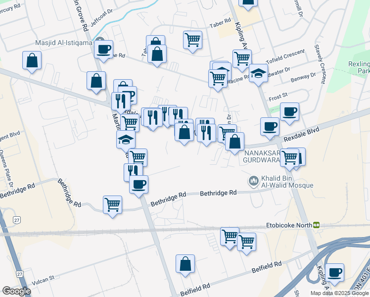 map of restaurants, bars, coffee shops, grocery stores, and more near 225 Rexdale Boulevard in Toronto