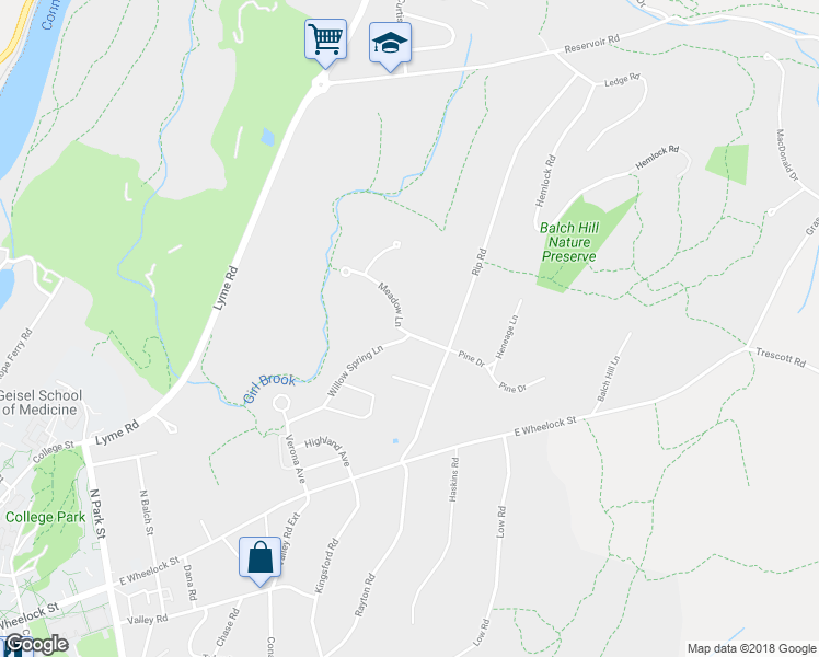 map of restaurants, bars, coffee shops, grocery stores, and more near 3 Meadow Lane in Hanover