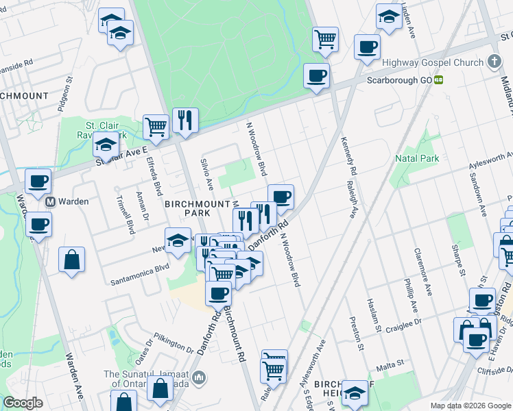map of restaurants, bars, coffee shops, grocery stores, and more near 5 Larmere Court in Toronto