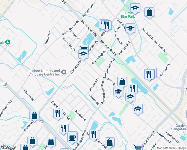 map of restaurants, bars, coffee shops, grocery stores, and more near 13 Savita Road in Brampton