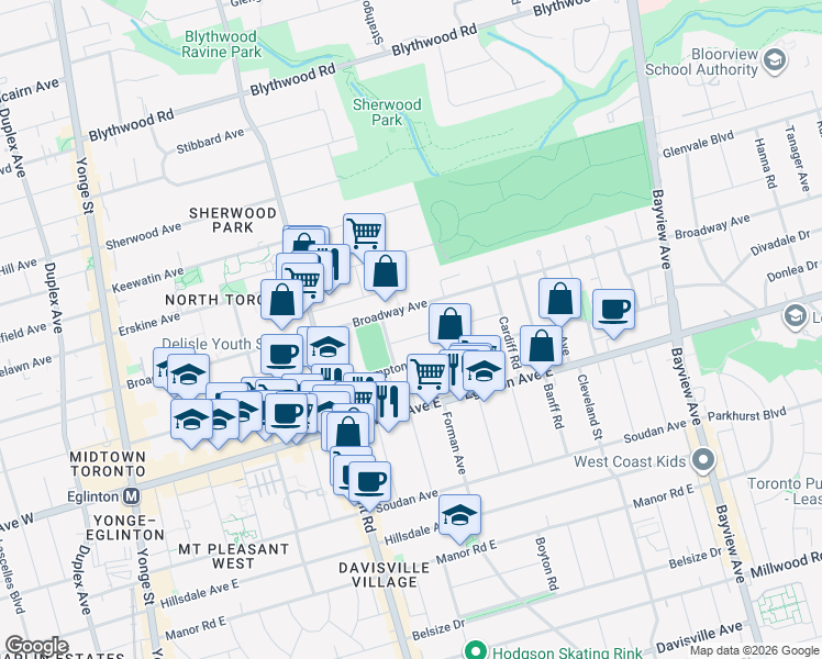 map of restaurants, bars, coffee shops, grocery stores, and more near in Toronto