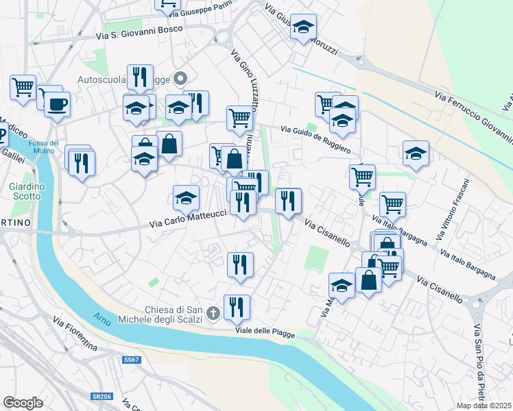 map of restaurants, bars, coffee shops, grocery stores, and more near 81 Via Carlo Matteucci in Pisa