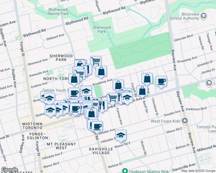 map of restaurants, bars, coffee shops, grocery stores, and more near 12 Fairfield Road in Toronto