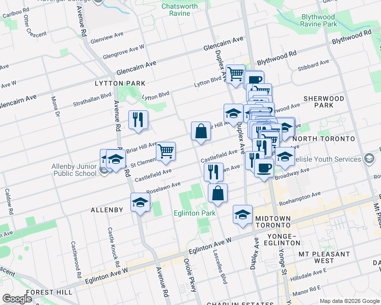 map of restaurants, bars, coffee shops, grocery stores, and more near 211 Saint Clements Avenue in Toronto