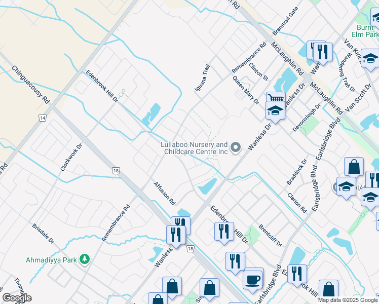 map of restaurants, bars, coffee shops, grocery stores, and more near 11 Boothill Drive in Brampton