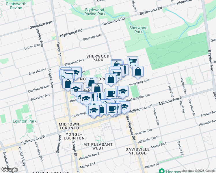 map of restaurants, bars, coffee shops, grocery stores, and more near 120 Broadway Avenue in Toronto