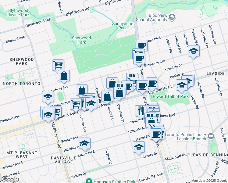 map of restaurants, bars, coffee shops, grocery stores, and more near 25 Walder Avenue in Toronto