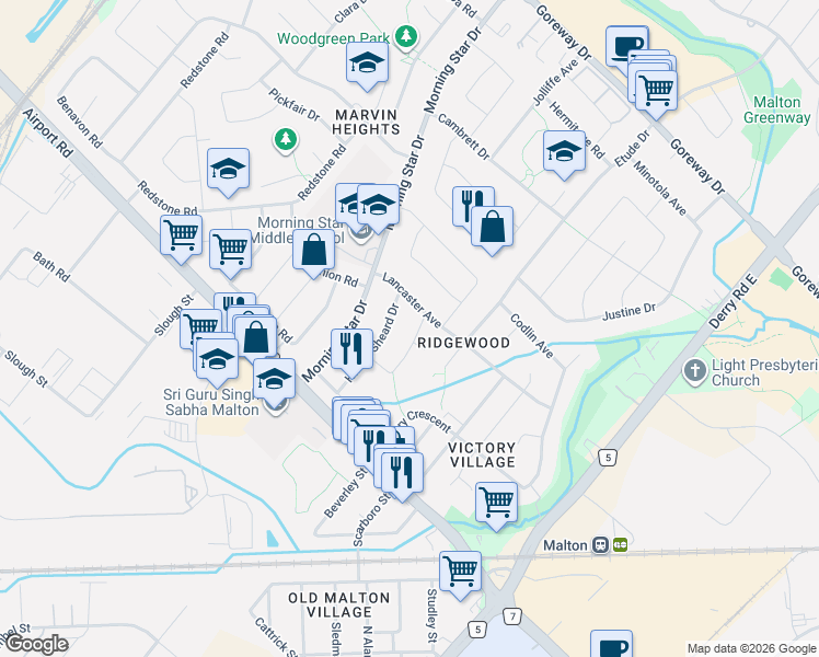 map of restaurants, bars, coffee shops, grocery stores, and more near 3126 Redbank Crescent in Mississauga