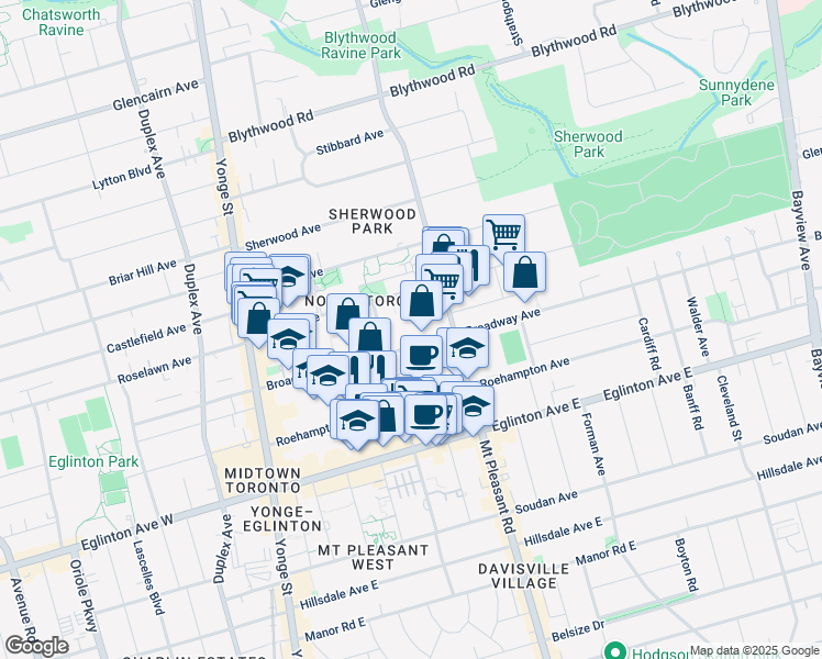 map of restaurants, bars, coffee shops, grocery stores, and more near in Toronto