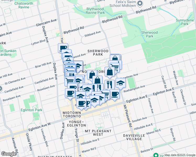 map of restaurants, bars, coffee shops, grocery stores, and more near in Toronto