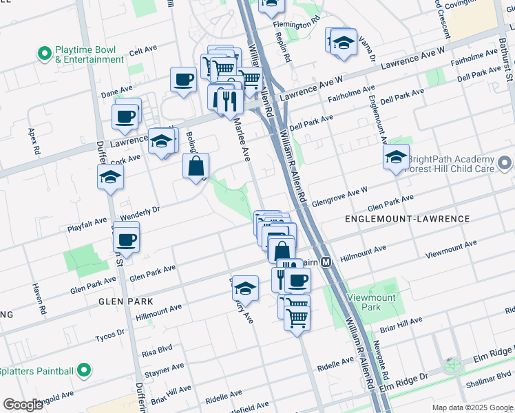 map of restaurants, bars, coffee shops, grocery stores, and more near in Toronto
