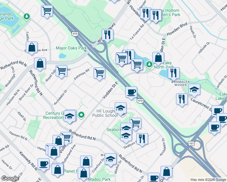 map of restaurants, bars, coffee shops, grocery stores, and more near in Brampton