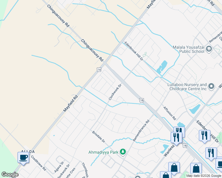 map of restaurants, bars, coffee shops, grocery stores, and more near in Brampton