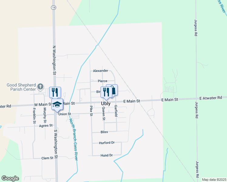 map of restaurants, bars, coffee shops, grocery stores, and more near 2225 Bingham Street in Ubly
