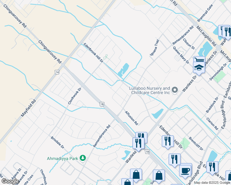 map of restaurants, bars, coffee shops, grocery stores, and more near Circus Street in Brampton