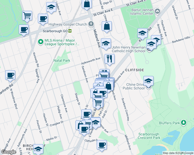 map of restaurants, bars, coffee shops, grocery stores, and more near 249 McIntosh Street in Toronto