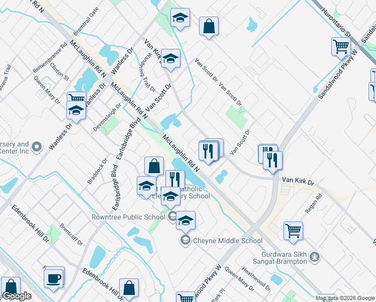map of restaurants, bars, coffee shops, grocery stores, and more near 64 Mossgrove Crescent in Brampton