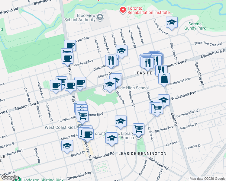 map of restaurants, bars, coffee shops, grocery stores, and more near 208 Hanna Road in Toronto