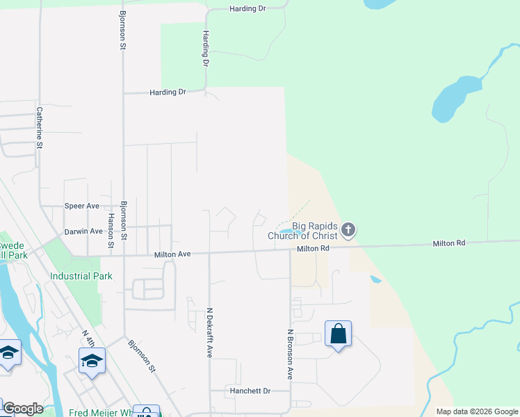 map of restaurants, bars, coffee shops, grocery stores, and more near 899 Country Way in Big Rapids