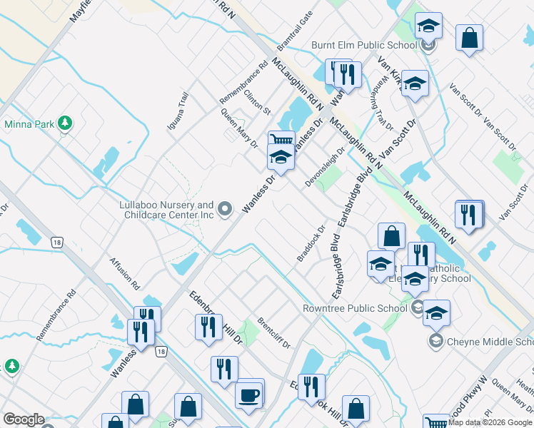 map of restaurants, bars, coffee shops, grocery stores, and more near 40 Sir Jacobs Crescent in Brampton