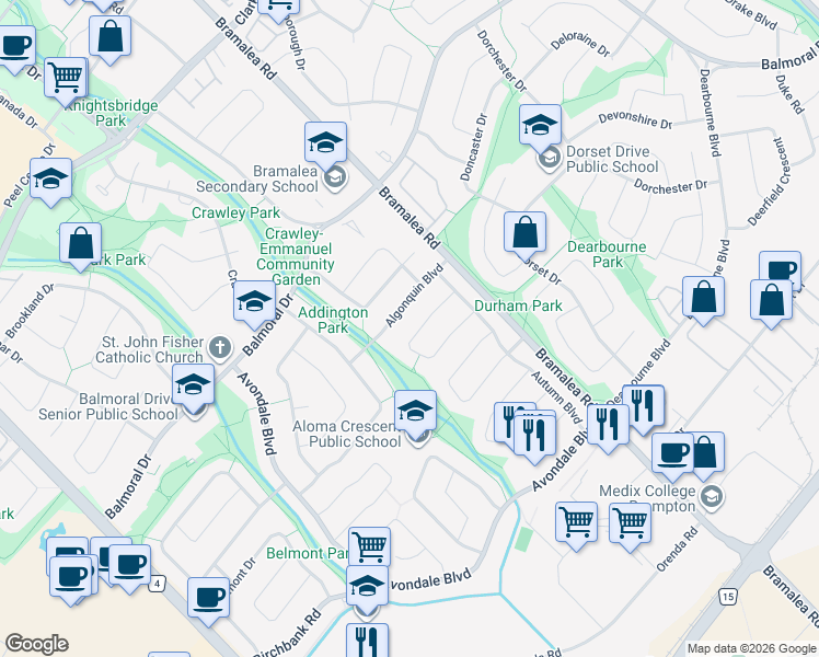 map of restaurants, bars, coffee shops, grocery stores, and more near 49 Alderbury Crescent in Brampton