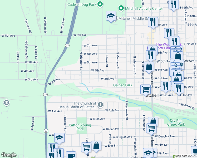 map of restaurants, bars, coffee shops, grocery stores, and more near 301 North Isadore Street in Mitchell