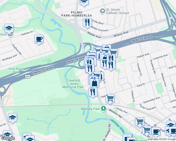 map of restaurants, bars, coffee shops, grocery stores, and more near 2610 Weston Road in Toronto