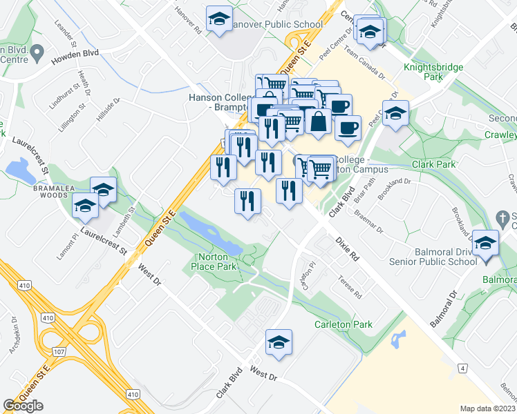 map of restaurants, bars, coffee shops, grocery stores, and more near 5-7 Lisa Street in Brampton
