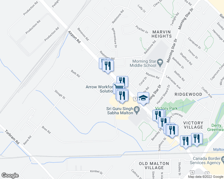 map of restaurants, bars, coffee shops, grocery stores, and more near 2896 Slough Street in Mississauga