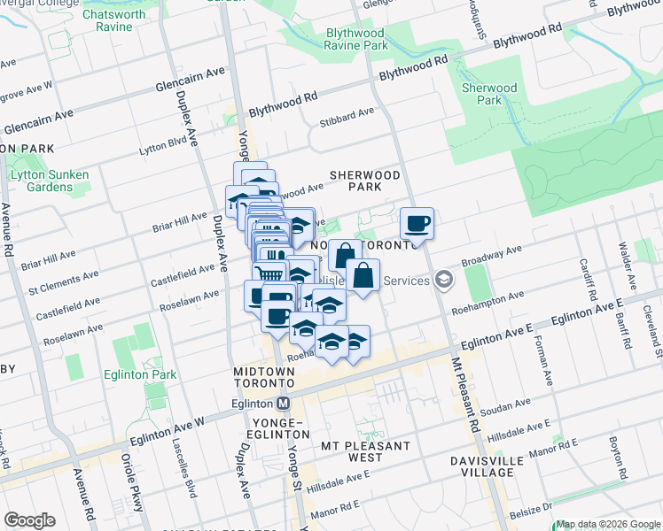map of restaurants, bars, coffee shops, grocery stores, and more near 77 Erskine Avenue in Toronto