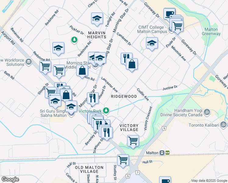 map of restaurants, bars, coffee shops, grocery stores, and more near 7232 Lancaster Avenue in Mississauga
