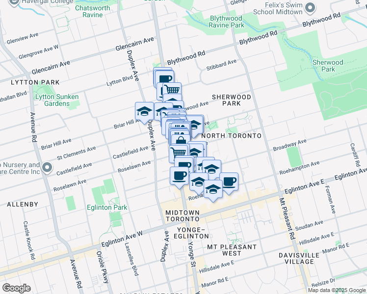 map of restaurants, bars, coffee shops, grocery stores, and more near 18 Erskine Avenue in Toronto
