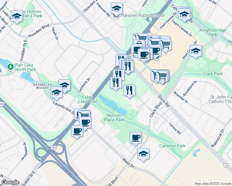 map of restaurants, bars, coffee shops, grocery stores, and more near 4 Silver Maple Court in Brampton