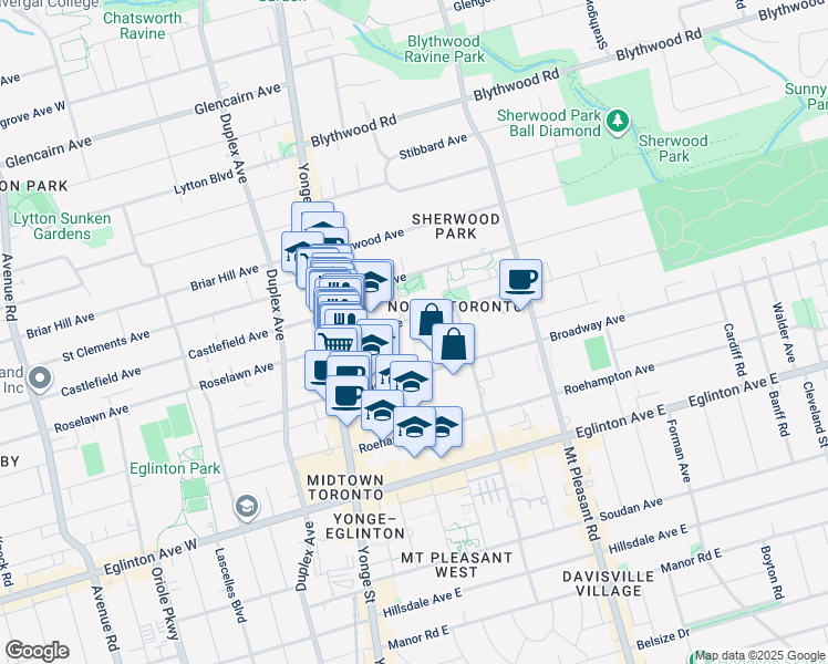 map of restaurants, bars, coffee shops, grocery stores, and more near 77 Erskine Avenue in Toronto