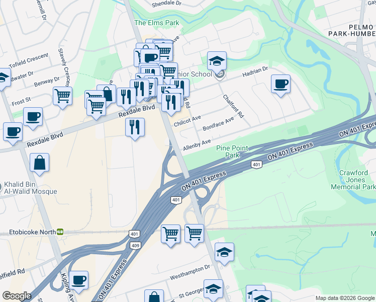 map of restaurants, bars, coffee shops, grocery stores, and more near 9 Allenby Avenue in Toronto